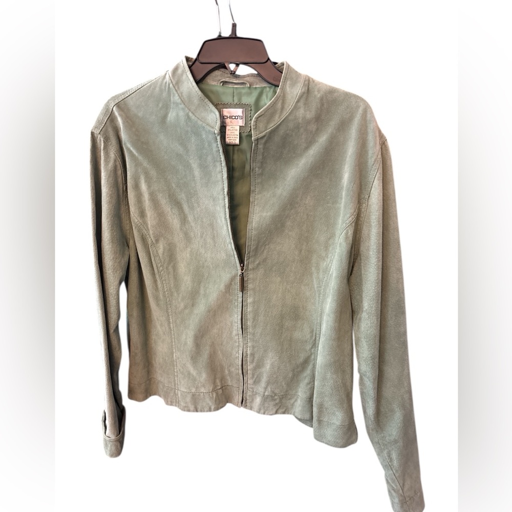 Chico's Sage Green Leather Suede Zipped Jacket Women Bomber Size 3 XL Career